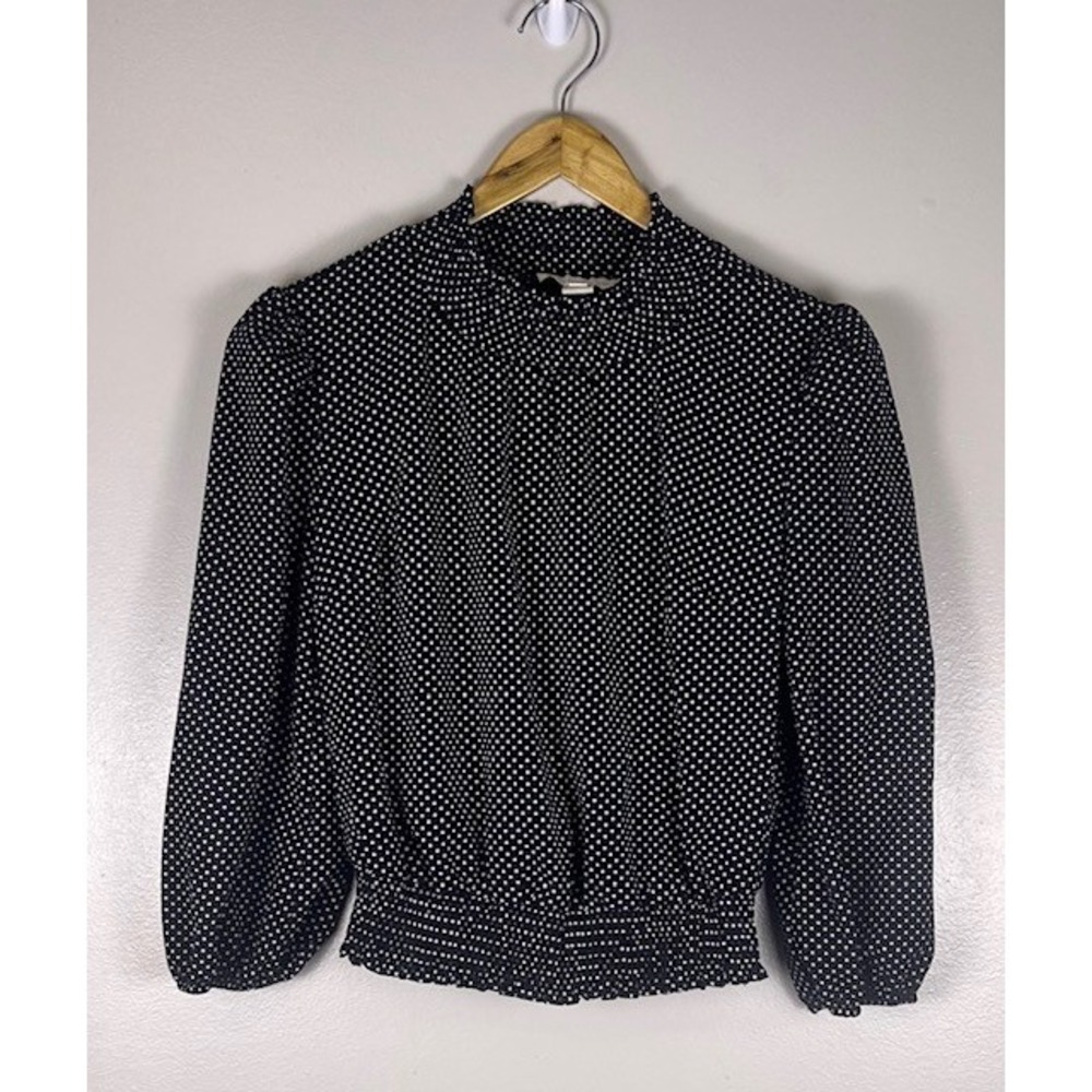 Monteau Los Angeles Black White Polka‎ Dot Mock Neck Smocked Waist Blouse M